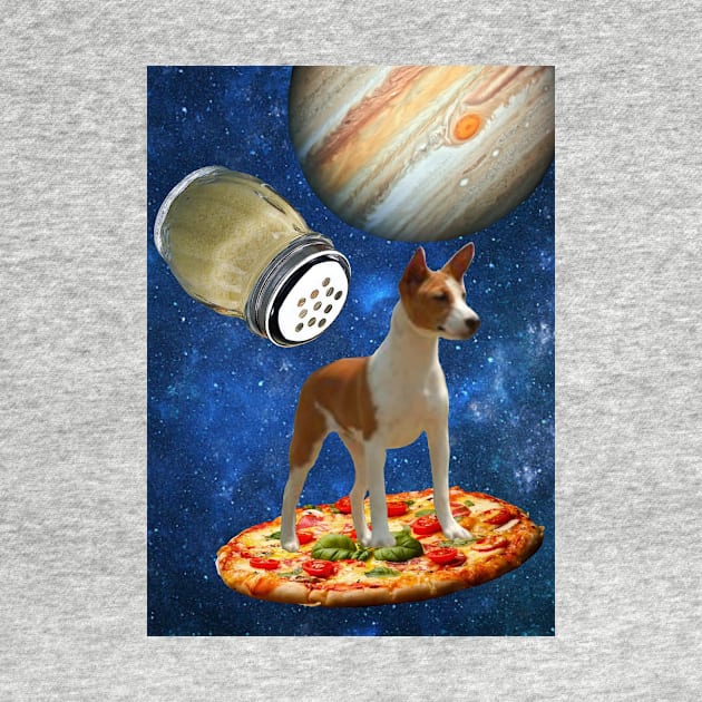 Terrier Dog Riding A Freshly Made Pizza Under The Moon Of Jupiter Being Chased By A Parmeson Shaker by Courage Today Designs